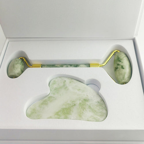 Gesichtsroller- und Gua-Sha-Set aus weißer Jade